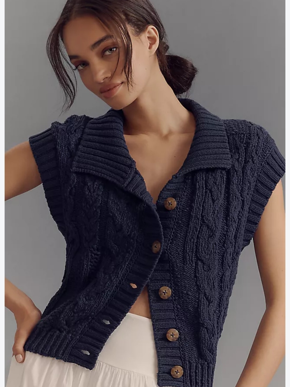 Pilcro by Anthropologie Collared Cable Knit Cardigan Sweater Vest Blue